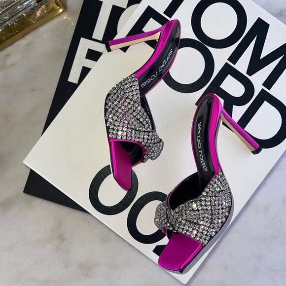 Sergio Rossi 95mm Tyra Embellished Satin Mules in Fuchsia - Picture 6 of 10